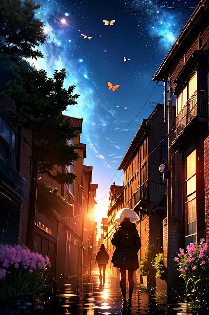 City of night,rain,Black coat,Put your hands in your pockets,(student, 18-year-old,beauty, Her short silver hair sways, Space-colored eyes, Pale skin, Tired face、Lack of eye sparkle\) Look up at the sky, (Many bright blue butterflies flying in the sky), (Shine in the sky), Beautiful starry sky,There are puddles on the ground、The scenery is beautiful., 広いLook up at the sky, Colorful summer flowers are blooming everywhere, I see the wind blowing and shining,From below, break ,Highest quality\(8K,非常に精細なCGユニットのwallpaper, masterpiece,High resolution,Highest quality,Highest quality real texture skin,Surreal,Increase the resolution,RAW Photos,Highest quality,Very detailed,wallpaper,Cinema Lighting,Ray Tracing,Golden Ratio\),Have a long-term perspective,Anatomically correct.