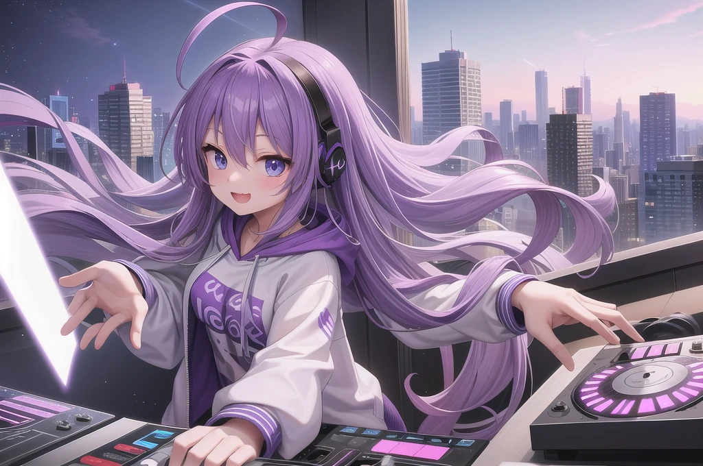 One girl, alone, 20-year-old, Blue Eyes, Purple Hair, Long, beautiful wavy hair, Ahoge, nice smile, White hoodie, Spectacular views, D Cup, headphone, Detailed DJ equipment, djing, masterpiece, Fine Fingers, 最high quality:1.4, high quality, detailed