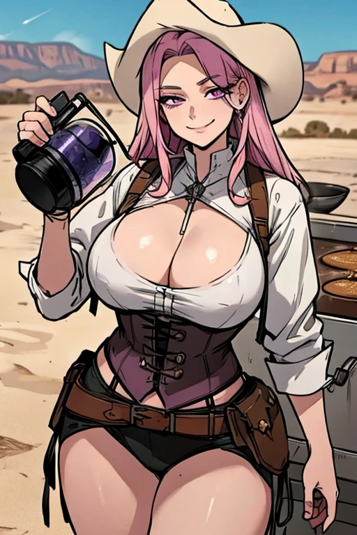Perfect face, Perfect hands. A pink haired female cowboy with violet eyes and an hourglass figure in a sheriff's outfit is making coffee in the desert with a big smile over a campfire