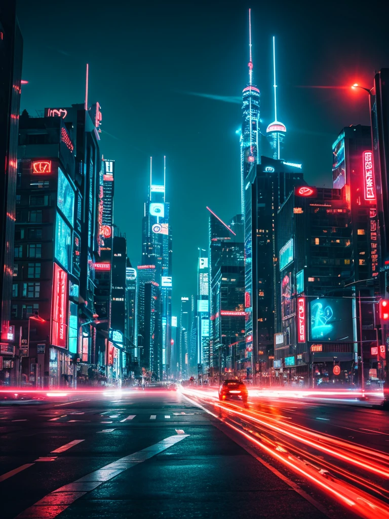 Create a picture of a futuristic city skyline at night, with neon signs and flying cars.