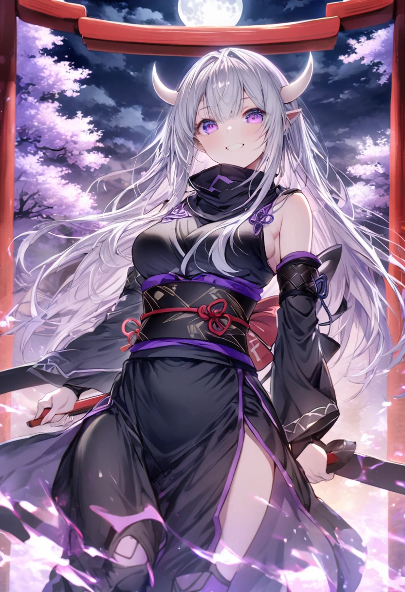 Long silver hair, Smile Torii セクシー

, black ninja, full moon, purple eyes, white horns