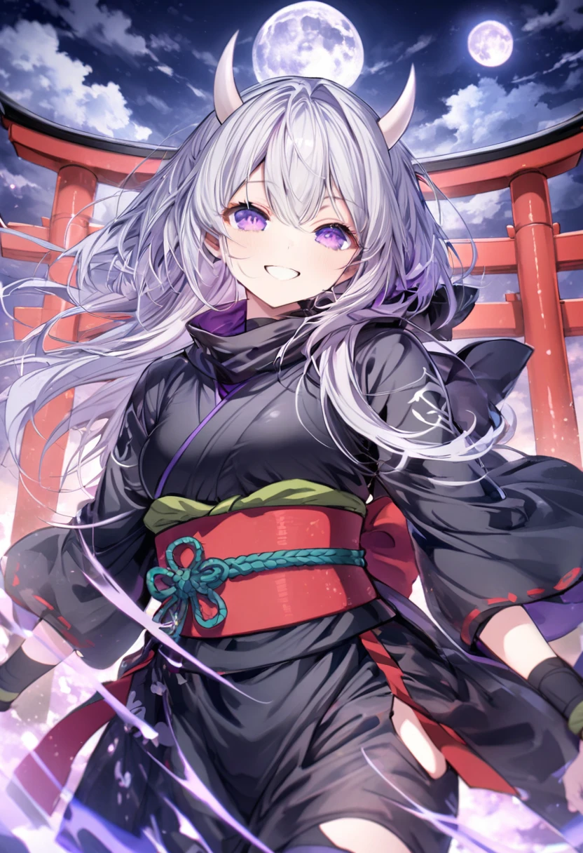 Long silver hair, Smile Torii セクシー
, black ninja, full moon, purple eyes, white horns