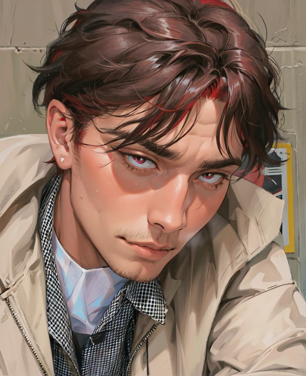 (absurdres, highres, ultra detailed), 1 male, mature, manly, tall muscular, handsome, solo, close up, detailed background, (none background :1.1) short bright red hair, eyes close,