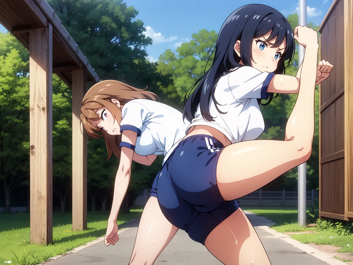 plural、Tired lookの女の子たちを、Let me kick,Girls kicking,,gym shirts,Highest quality,back view,1990s anime style,White shirt and blue bloomers,Angry expression,barefoot,plural女の子たちの集団,体操服と青いブルマを着たbarefootの女子たちが、Standing in a row、Practicing karate in the schoolyard,The girls are barefoot,The girls were sweating、Tired look,