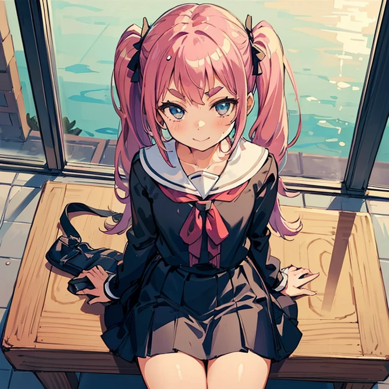 4 Girls with pink hair, long twintail hairstyle, ((small bushy eyebrows)), wearing gothic ta clothing, loli, walking to school, flirty smile,, walking to school, bored look, bored face,, (sitting with legs open lifting her skirt to show her vagina wet with semen),