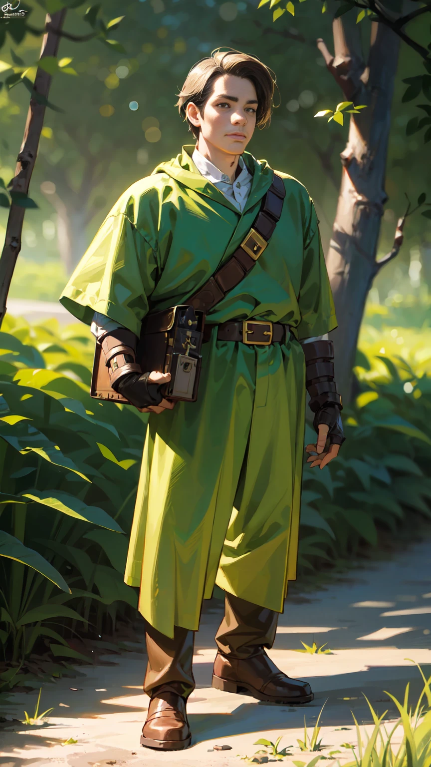 a detailed portrait of a man standing alone in a dark forest, wearing a green robe, belt, fingerless gloves and boots, with a treasure chest in the background, detailed facial features, detailed eyes, contoured, comic book style, (best quality,4k,8k,highres,masterpiece:1.2),ultra-detailed,(realistic,photorealistic,photo-realistic:1.37),HDR,UHD,studio lighting,ultra-fine painting,sharp focus,physically-based rendering,extreme detail description,professional,vivid colors,bokeh