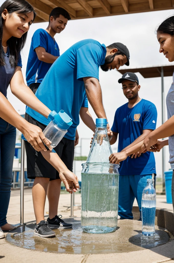 Three people stand in a line and each person pours a little water into a glass from a bucket that is located next to the first participant to fill a bottle that is located where the last participant