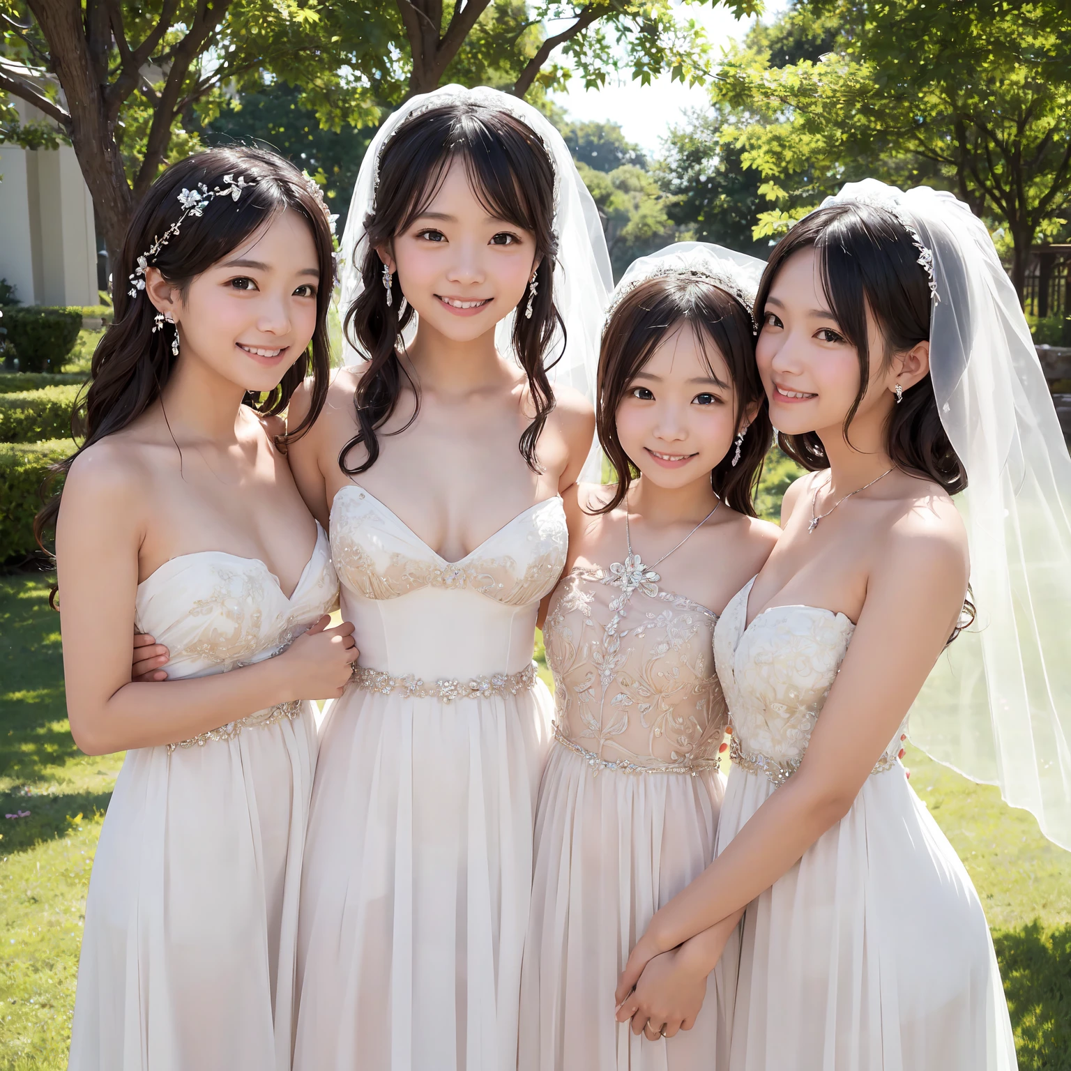 masterpiece, ((Highest quality))、wedding、(4 cute naked girls、A good friend、Standing side by side、kawaii:1.4、12 years old、smile:1.3、smile、Mr.々Hair style、pubic hair)、(((Full nudity、tits、Pussy)))、(Realistic and detailed skin texture、pale pastel wedding dresses:1.2、gem、hair ornaments、Veil、See-through)