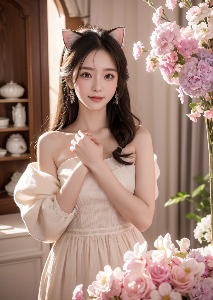 Diffuse lighting、 Highest quality, High resolution, unity 8k wallpaper、Supersaturation, Colorful, fairy tale, dream-like, Movie-like characters, oil, 3d, 8K resolution, Sequins, Sparkling, moonlight, Close-up portrait adorable,Too cute cat, Fine grain, Large, round, reflective eyes,Dreamland、pastel colour、pleasant to the touch、Stand up and face forward、smile、full moon、Mysterious Flower、Beautiful cat、cute cat、猫のInside the castle、Inside the castle、Standing、turn around、whole body、Detailed eyes, nose and mouth、Cat Castle、