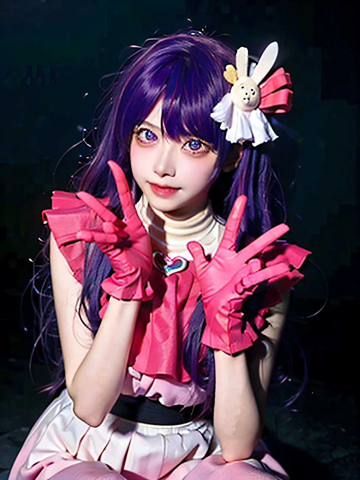 masterpiece, RAW Photos, 8K Ultra High Resolution, fine grain, Detailed face, Highest quality, Very detailed,alone, hoshinoai, skirt, Pink gloves, hair ornaments, View your audience, heart, Purple eyes, Light purple hair,