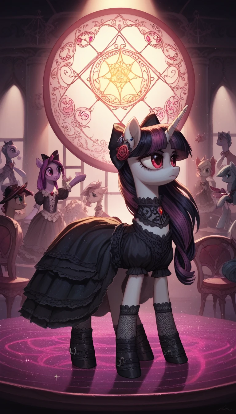 score_9,score_8_up,score_7_up,score_6_up, female, Gothic pony, ta fashion, glowing backlight, club scene, glitter, whimsical, enchanted, magical, fantasy art concept, intricate details,