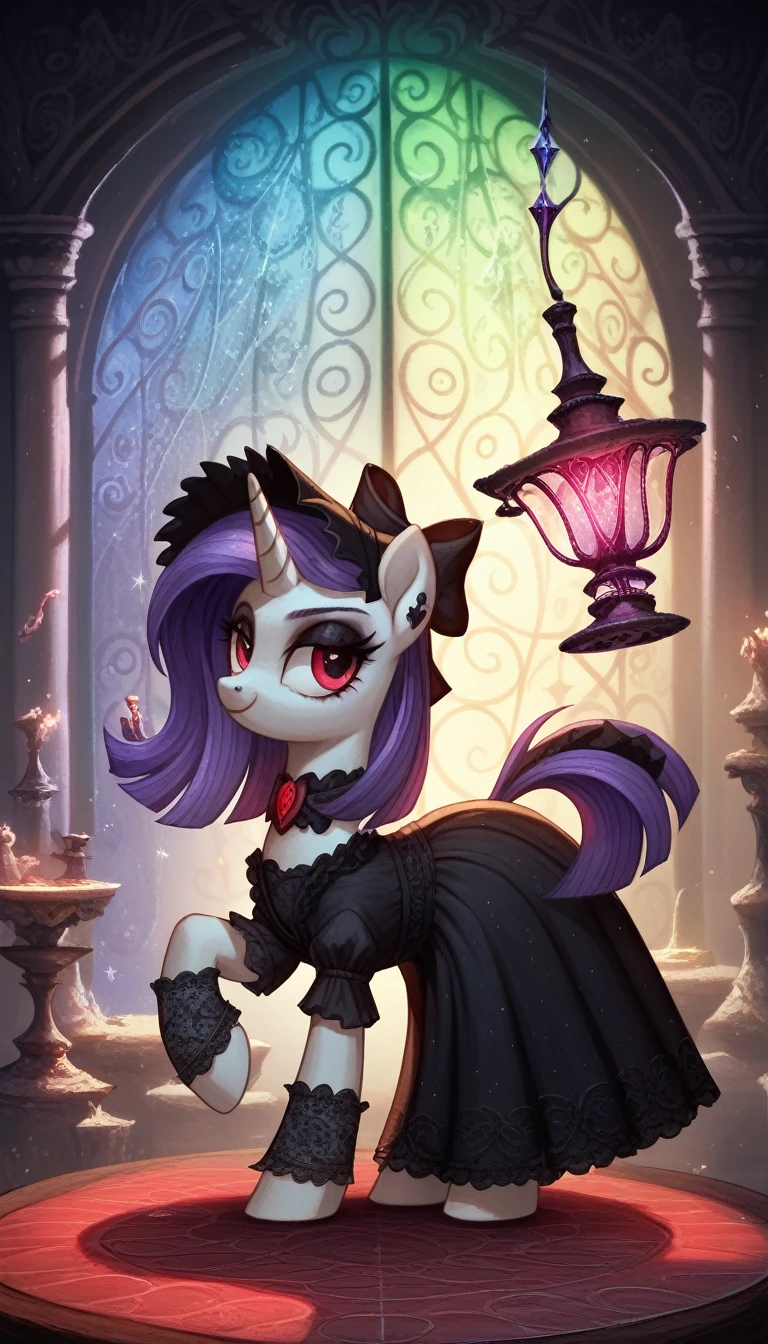 score_9,score_8_up,score_7_up,score_6_up, female, Gothic pony, lolita fashion, glowing backlight, club scene, glitter, whimsical, enchanted, magical, fantasy art concept, intricate details,