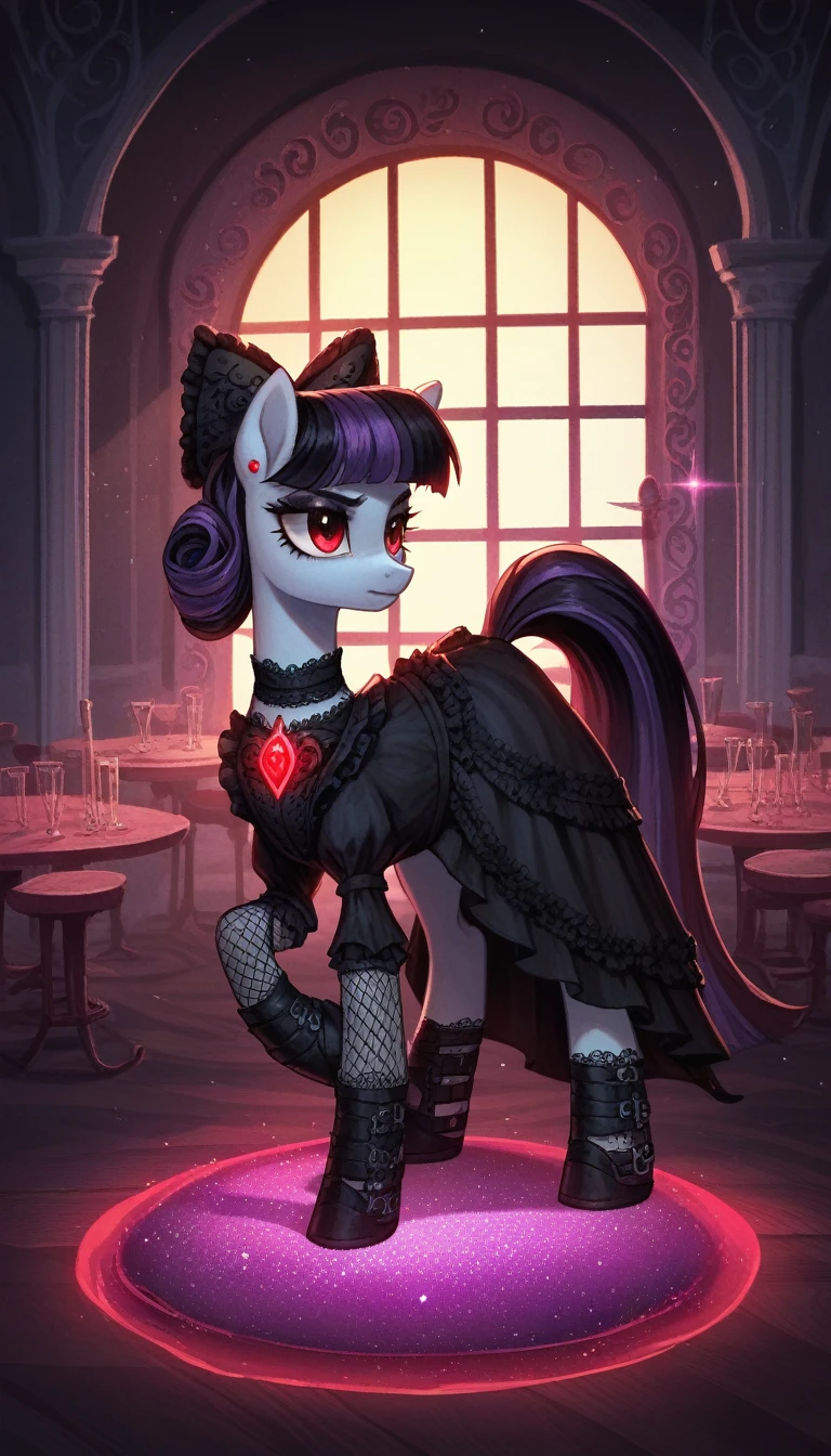 score_9,score_8_up,score_7_up,score_6_up, female, Gothic pony, ta fashion, glowing backlight, club scene, glitter, whimsical, enchanted, magical, fantasy art concept, intricate details,