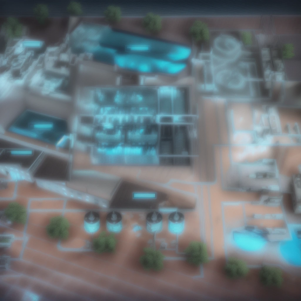 Image of a building with a swimming pool and lots of water, Isometric 3d rendering, Bioremediation Plant, extreamly detailed data center, Detailed Factory, High-tech environment, industrial plant environment, Detailed Data Center, Isometric drawing, 2D Axonometric Top View, Futuristic production facility, Pre-rendered isometric graphics.Internet of Things