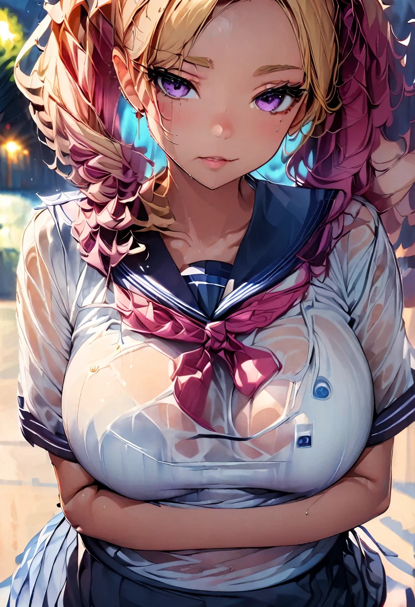 (of the highest quality, 4k, Masterpiece :1.3), beautiful woman, 1 girl, (chest, attractive body :1.2), JK:1.1, two blonde tails: 1.1, Sailor suit, Super detailed face, lip details, fine eyes, double eyelid, magenta pink eyes, in the rain with wet clothes and in a provocative way