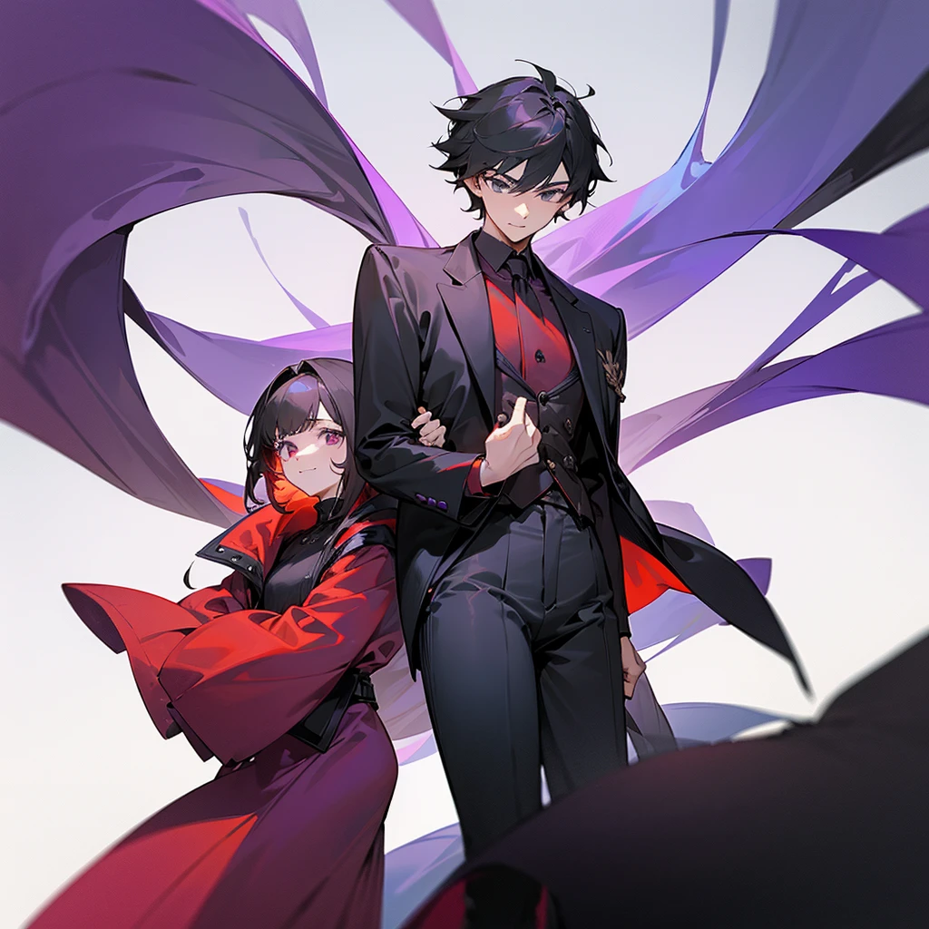 A teenagers friend group comformed by 2 boy and 2 girls, one of the boys is tall and wears long dark red clothes, another boy wears short grey clothes, one of the girls is short and wears long black clothes, another girl wears short purple clothes, white background, the teenagers are posing funny