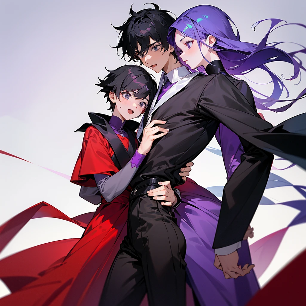 A agers friend group comformed by 2 boy and 2 girls, one of the boys is tall and wears long dark red clothes, another boy wears short grey clothes, one of the girls is short and wears long black clothes, another girl wears short purple clothes, white background, the teens are posing funny