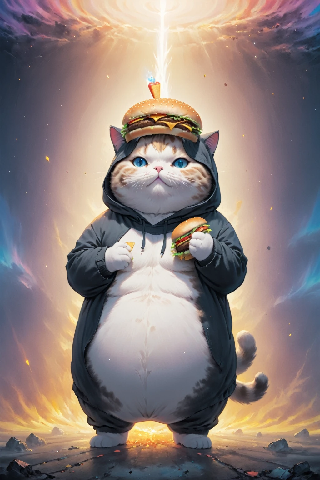 cosmic canvas,(dystopian background:1.3), flawless, clean, masterpiece, painting of a chubby cat, wearing hoodie, holding burger, light fog,