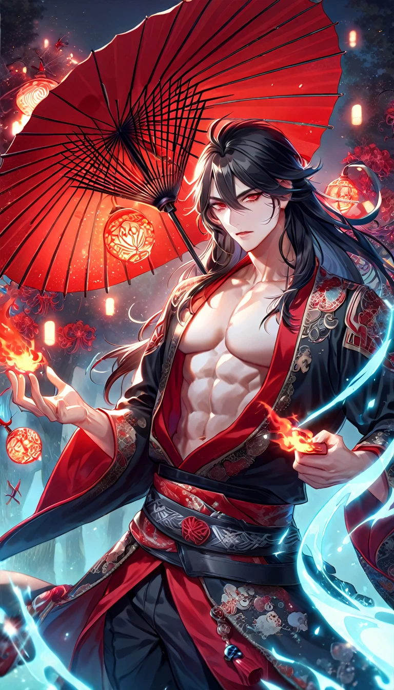 absurdres, highres, ultra detailed, HDR, master piece, best quality, extremely detailed face, delicated features, Xue Yu, untamed spiky hair, black hair, long hair, hair between the eyes, expressive red eyes, Thousand Years War, solo, sexy man, holding a red paper umbrella in his right hand, handsome, toned chest, black haori, red fantasy robes, black pants, red moon, red blood, fantasy, magic, envy magical, forest, red spider lilies, red lanterns, red fire, red floating round lights