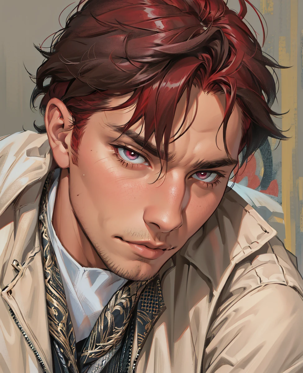 (absurdres, highres, ultra detailed), 1 male, mature, manly, tall muscular, handsome, solo, close up, detailed background, (none background :1.1) short bright red hair, eyes close,