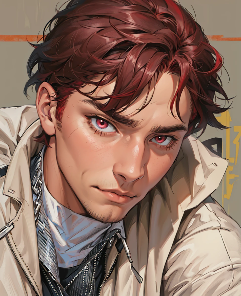 (absurdres, highres, ultra detailed), 1 male, mature, manly, tall muscular, handsome, solo, close up, detailed background, (none background :1.1) short bright red hair, eyes close,