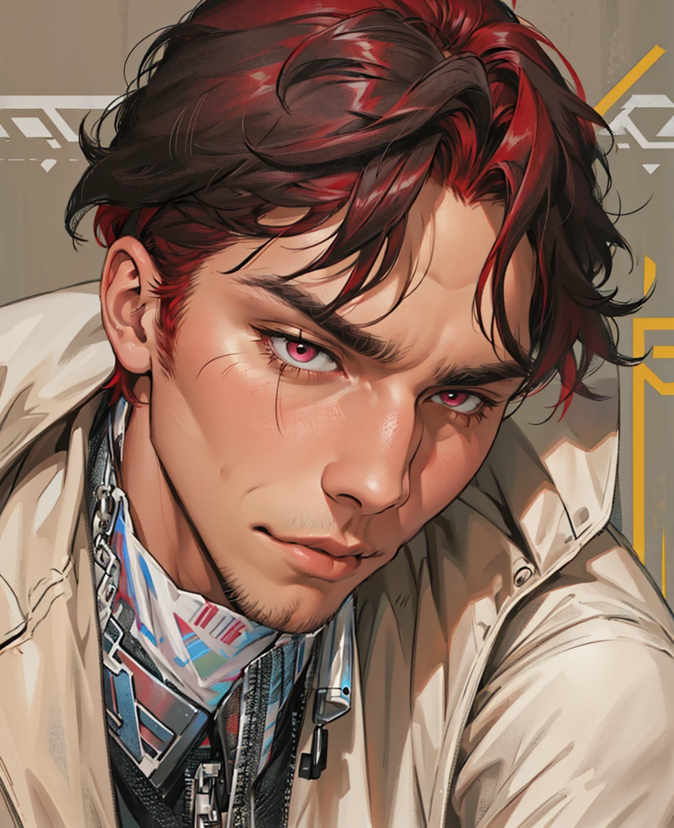 (absurdres, highres, ultra detailed), 1 male, mature, manly, tall muscular, handsome, solo, close up, detailed background, (none background :1.1) short bright red hair, eyes close,