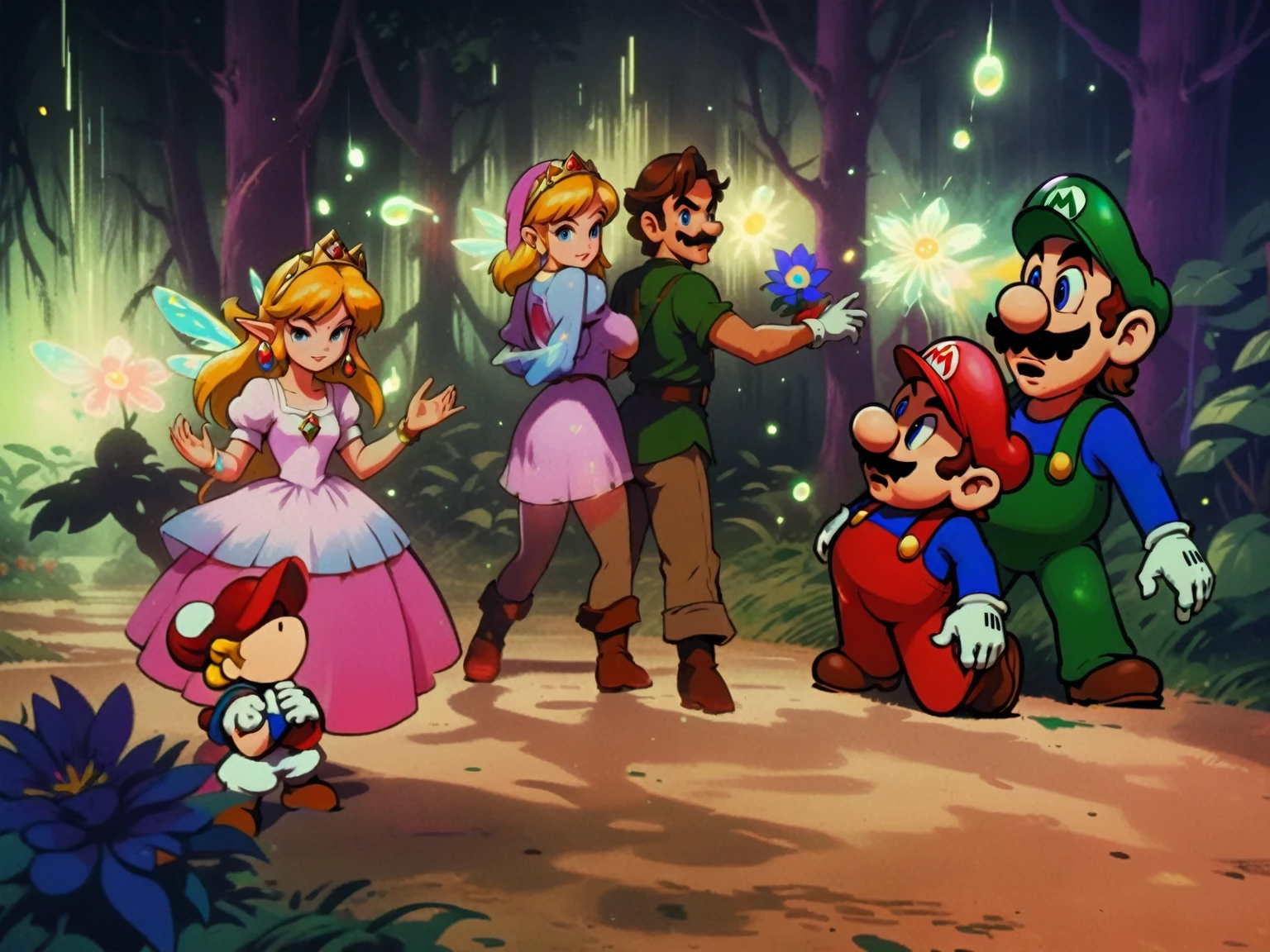 1990's animated tv show screengrab, subliminal fireflies and glowing flowers, Legend of Zelda crossover Mario Bros. , VHS, glitch, distorted, nostalgia, 90's retro vibes, analog tape, vcr aesthetics, tv, television, comic 1990's, animated tv show screengrab, Zelda and Super Mario cast dancing stanky boogie, cinematic poster, image within image, multiple exposure, massive scale, rich color grading for shading depth, hand drawn rotoscope cartoon realism, chiaroscuro lighting, mixed media, vintage comic, retro original design, 1990's comic, sense of movement energy, taking flight, tropical rot, rewilding, (full roygbiv color) ink charcoal expressive illustration, Zelda and Mario aesthetics
