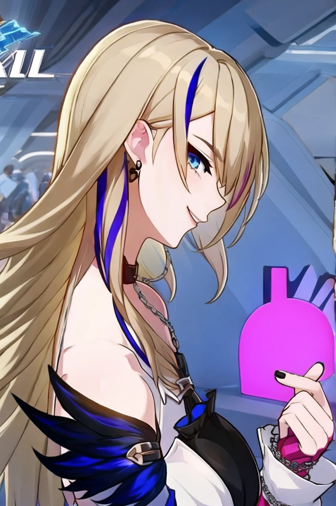 1girl, bangs, bare shoulders, black nails, blonde hair, blue eyes, choker, earrings, fingerless gloves, from side, gloves, heart, holding, jewelry, long hair, looking at viewer, multicolored hair, nail polish, serval landau, smile, solo, streaked hair, upper body