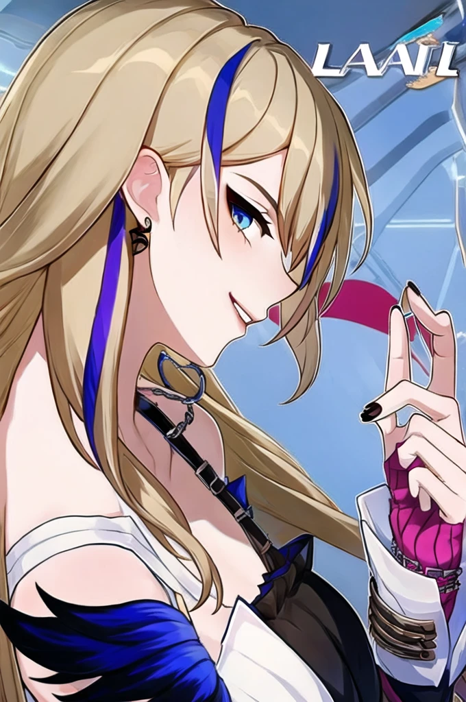 1girl, bangs, bare shoulders, black nails, blonde hair, blue eyes, choker, earrings, fingerless gloves, from side, gloves, heart, holding, jewelry, long hair, looking at viewer, multicolored hair, nail polish, serval landau, smile, solo, streaked hair, upper body