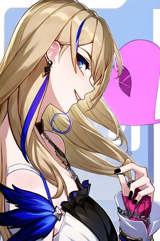 1girl, bangs, bare shoulders, black nails, blonde hair, blue eyes, choker, earrings, fingerless gloves, from side, gloves, heart, holding, jewelry, long hair, looking at viewer, multicolored hair, nail polish, serval landau, smile, solo, streaked hair, upper body