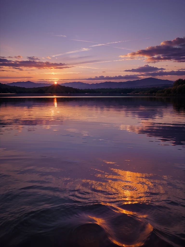 “Generate an image of a serene sunset over a calm lake, with purple and orange hues.”