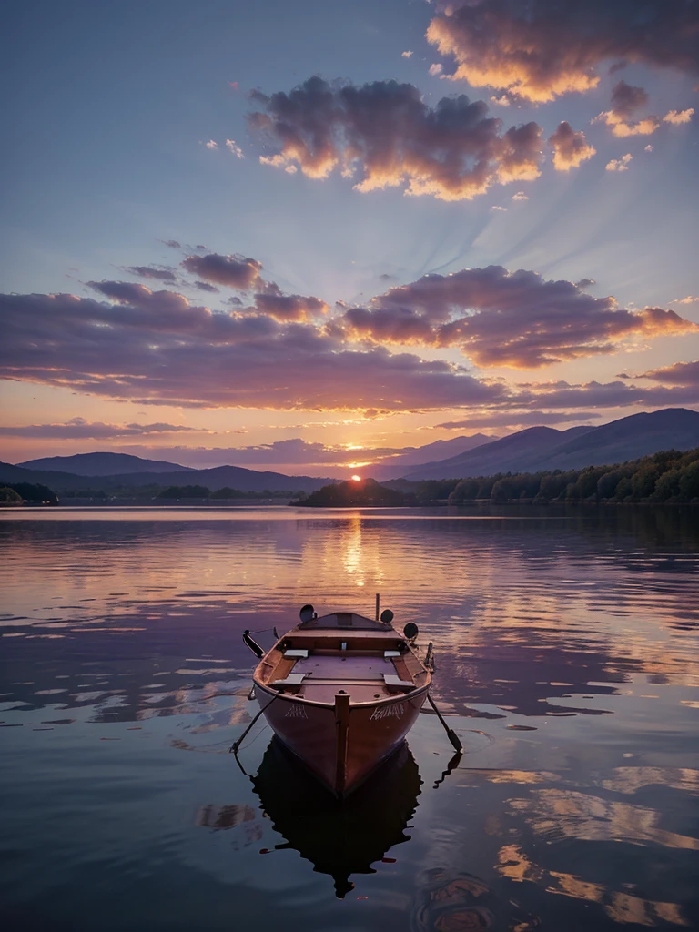 “Generate an image of a serene sunset over a calm lake, with purple and orange hues.”