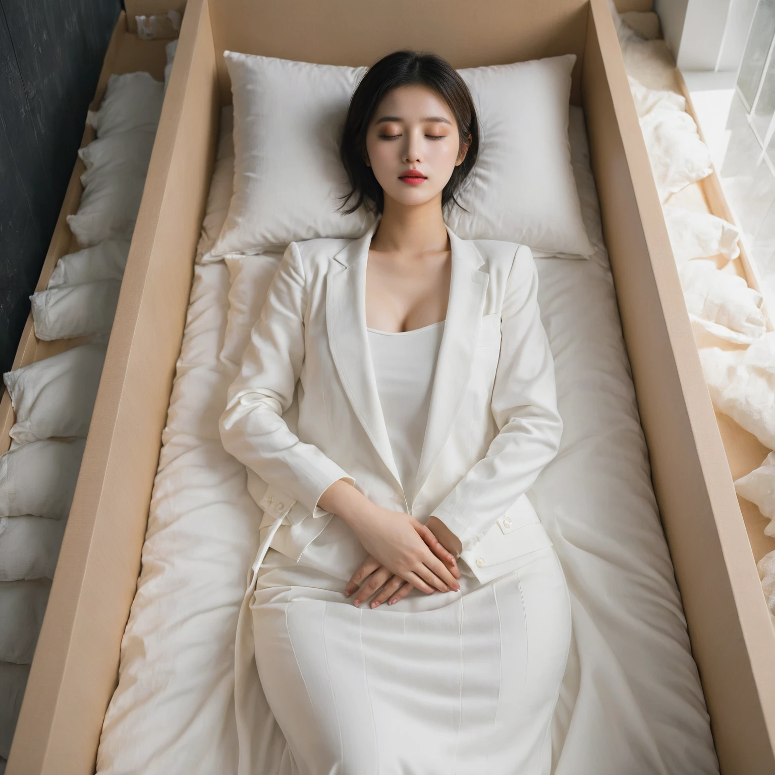 In a deep, white coffin with plush pillows (1.5 meters tall), a serene 22-year-old Korean girl sleeps peacefully. The box's interior is bathed in soft, diffused light against a striking black background. She wears a sleek, sleeveless blazer, no bra, white skirt, and has luscious eyebrows, eyelashes, and a flawless complexion. Her closed eyes and mouth convey tranquility. Render in Ultra High Resolution with Saturated colors, emphasizing the beautiful details of her face and the surrounding environment, round breast, medium breasts, straight body.