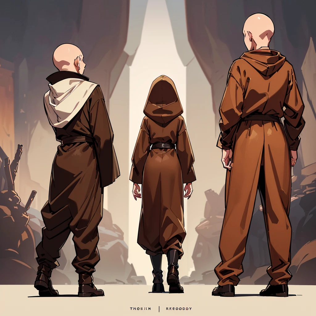 (Full body character concept)、((((behindから、behind姿、behind、Rear view、behind))))、(((Wear a brown hood)))、(((Long sleeve、Brown robes、pants、Black shoes)))、Best illustrations、Best Quality、(23 years old)、Medieval Fantasy、Fighting stance、(White background)、(No hair、bald、Skinhead)