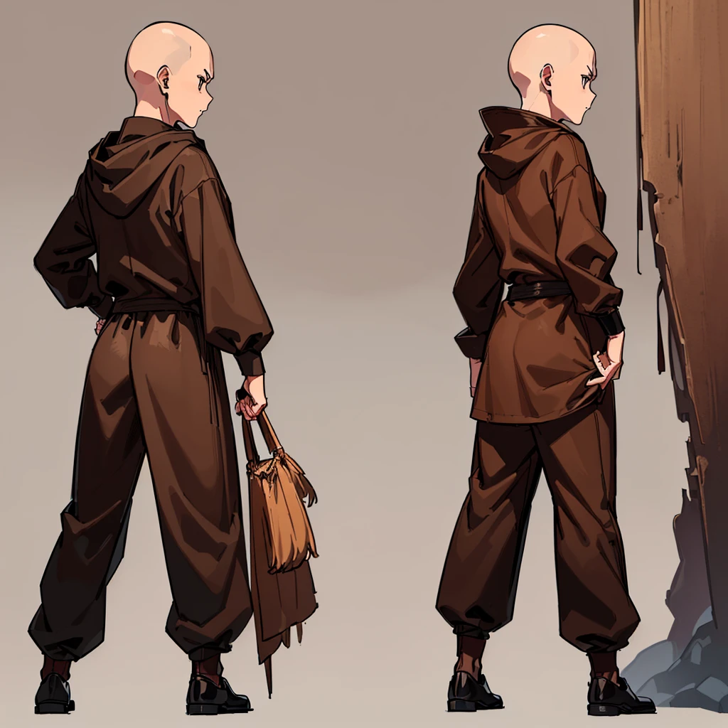 (Full body character concept)、((((behindから、behind姿、behind、Rear view、behind))))、(((Wear a brown hood)))、(((Long sleeve、Brown robes、pants、Black shoes)))、Best illustrations、Best Quality、(23 years old)、Medieval Fantasy、Fighting stance、(White background)、(No hair、bald、Skinhead)