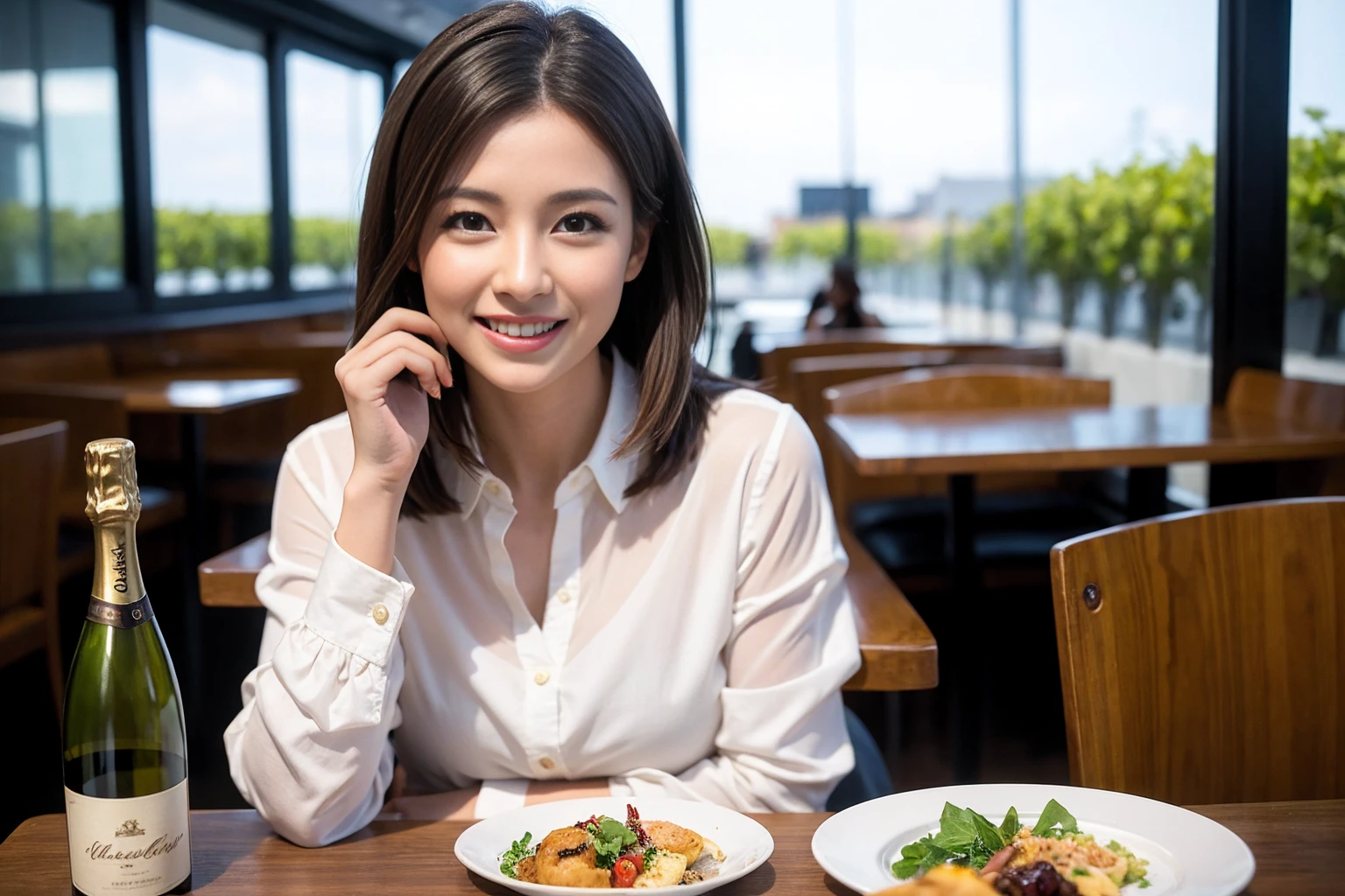 ((Highest quality、8K、masterpiece:1.3))、cute、slimカップル、modelカップル、(Realistic, Intricate details:1.2), full-course dinner、Wine Party、Amazing view of the sunset sky and clouds、A bright smile、The wonderfulness of smile、Bright image、The beauty of wine, Beautiful Face, blue eyes, The light shines on your face, Blushing, short hair,Bright Face、 (Age 37), 39 years old, red wine 、Appetizers、Italian food、Wine bottle、Champagne、sparkling wine、Two beauties、Brown Hair、Shortcuts、Long sleeve shirt、dress、Beautiful woman 1, (slimな顔), (The body is slim), (Brown Hair), (Shortcuts), cheeks turn a little red,Attractive beauty、restaurant, In a prominent place (From the waist up) Nova Frog Style, actress, model, Upper Body, White wine, slim, wine glass, 中央に置かれたwine glass, smile, (smile: 1.15), Beautiful fine grain, Depth f/2,saturation, High Contrast, Strong light and shadow,Moist Body:1.5、3D texture、Delicate eyes、Brown Hair、The hair is very shiny、