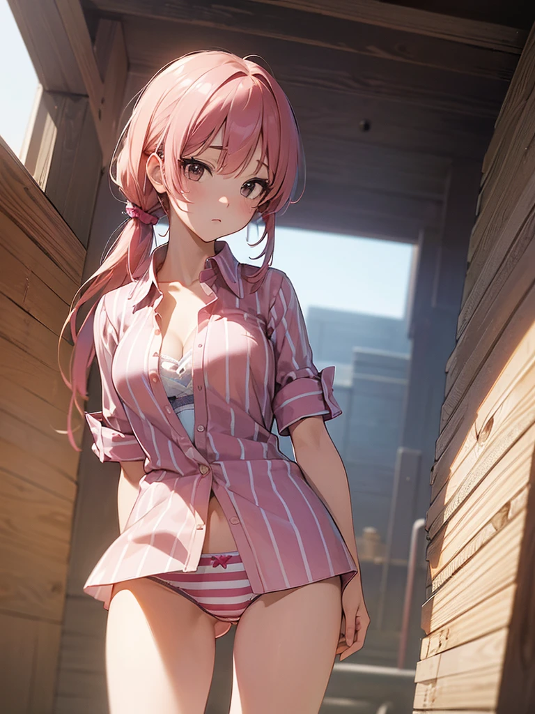 ((masterpiece) (((((Highest quality))))((high resolution))))), Very detailed, Ultra-realistic, )、、Expressionless、、、From below、((Low - Angle))、Cowboy Shot、((PINK vertical striped panties))、()Leg spread、、Pink vertical striped bra、、Pink hair、Big Breasts、((Open shirt))、Rockerーム、Look away、Rocker、Look to the side、School、((Avert your gaze from the front))Changing clothes