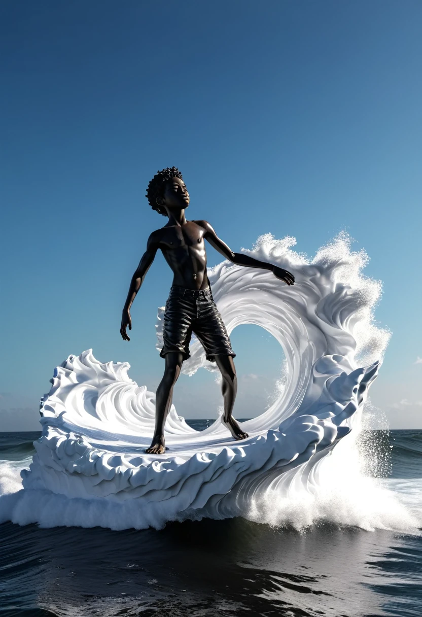 Full body shot of a black boy sculpture standing on top of an ocean wave sculpture heading to the skies, the art piece is on a shiny reflecting surface. 32k ultra HD, unreal engine rendered, hyper-realistic image,