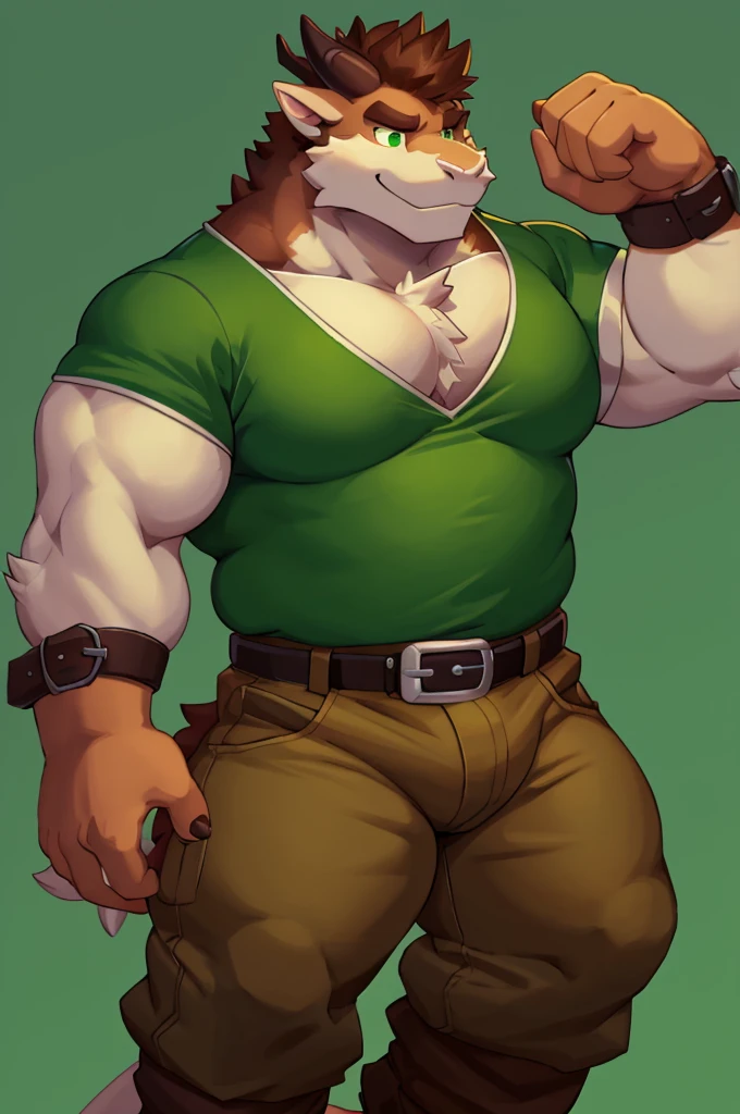 White fluffy fur dragon, Stocky thick body shape, 173 cm, green lumberjack shirt, The sleeves, rolled up to his elbows, Loose-Fitting dark brown pants, brown leather chest belt strap; solid light pastel green background; in cartoon style