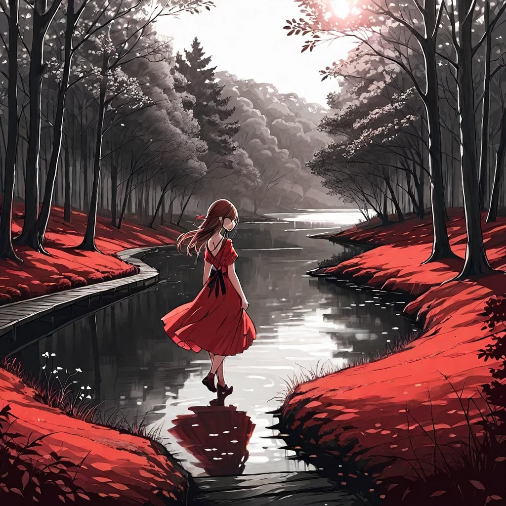 A young and beautiful maiden,Wearing a red dress,Walking alone in the woods of the park,There is a lake not far away.。Line drawing style,Suspenseful dark style。
