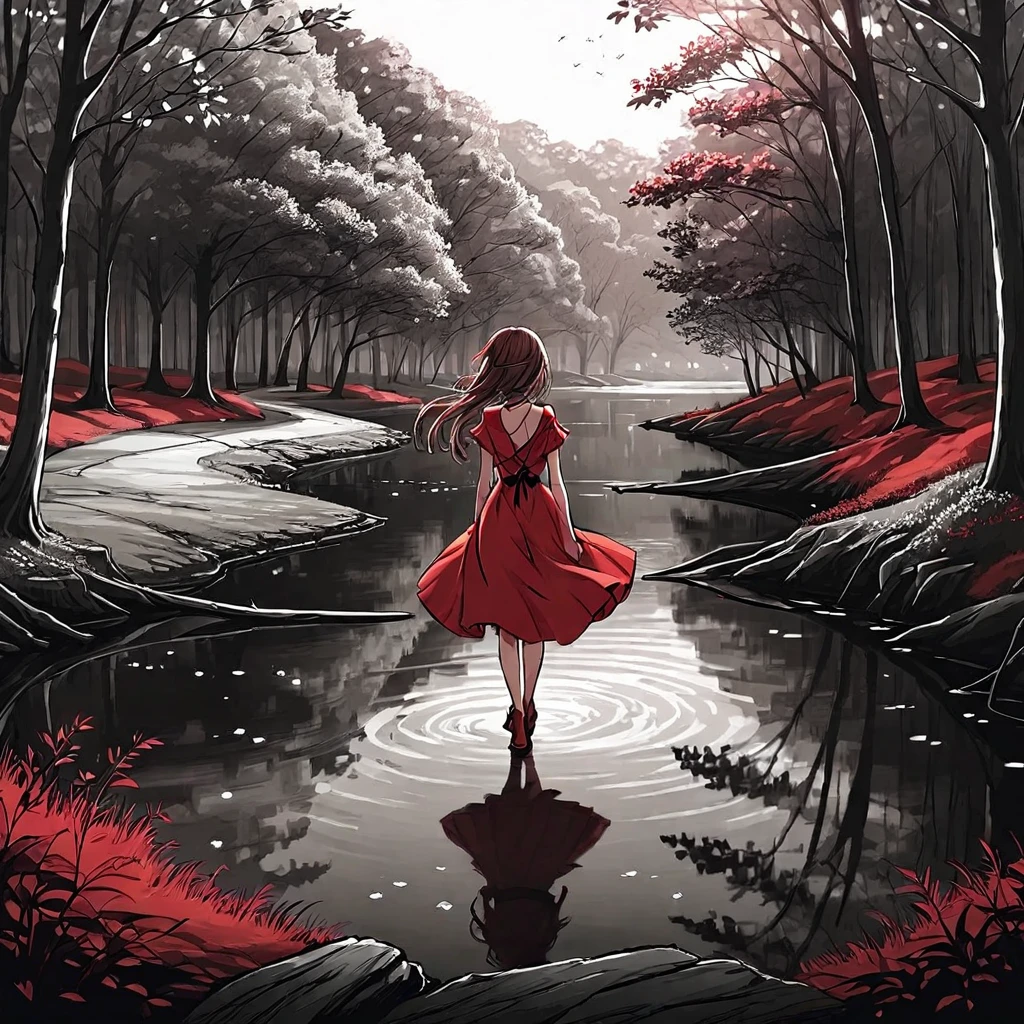 A young and beautiful maiden，Wearing a red dress，Walking alone in the woods of the park，There is a lake not far away.。Line drawing style，Suspenseful dark style。