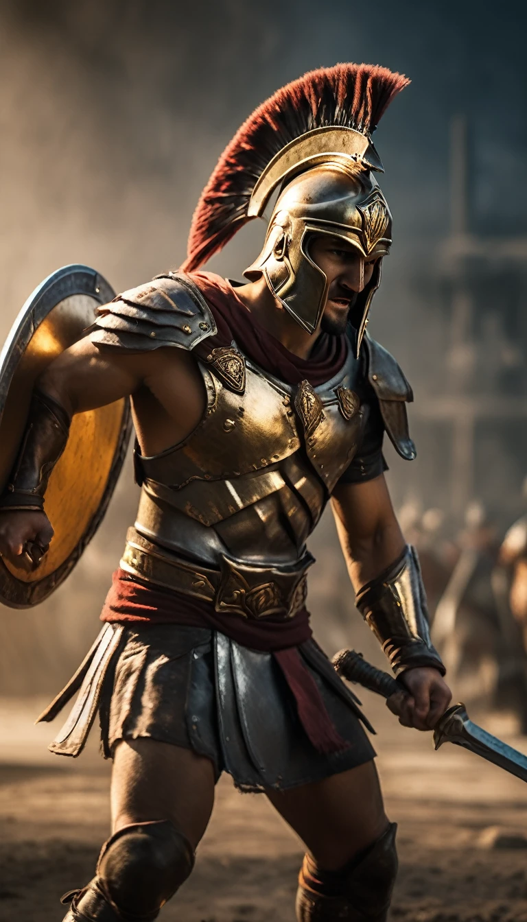 Depict a Spartan warrior in full battle gear, with the Spartan Lambda symbol prominently displayed on his shield, battle atmosphere background, hyper realistic, ultra detailed hyper realistic, photorealistic, Studio Lighting, wearing a gold crown, reflections, dynamic pose, Cinematic, Color Grading, Photography, Shot on 50mm lens, Ultra-Wide Angle, Depth of Field, hyper-detailed, beautifully color, 8k