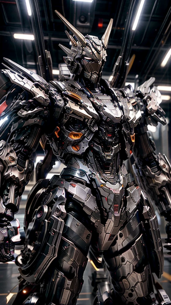 Barbatos gundam frame, facing forward with a flying pose, highly detailed mecha, intricate machinery, industrial aesthetic, sleek and streamlined design, metallic textures, futuristic technology, dynamic pose, dramatic lighting, muted color palette, cinematic atmosphere, (best quality,4k,8k,highres,masterpiece:1.2),ultra-detailed,(realistic,photorealistic,photo-realistic:1.37),concept art, digital painting