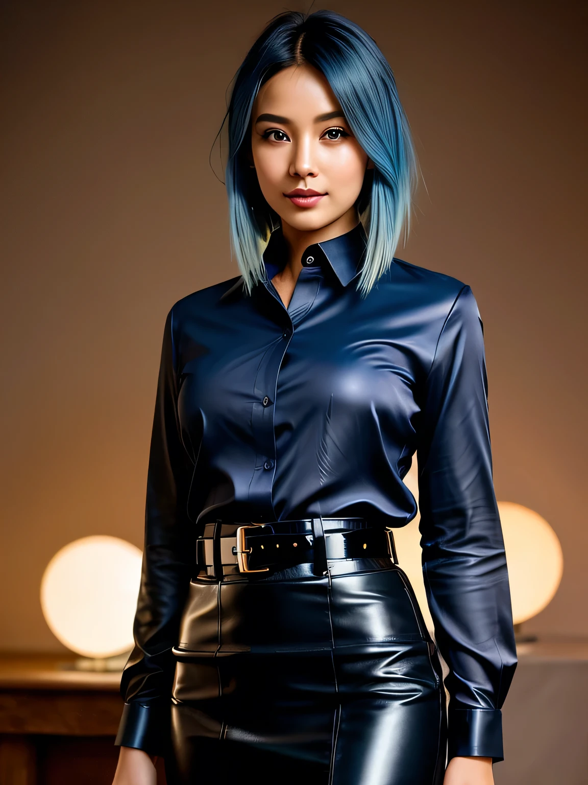 (blue hair:1.4), short hair, realistic green eyes, cobalt hair, long bob hair, tousled hair, shoulder length hair, Full body, woman with white skin and Asian features, 24 year old, big breast. She has a small, elegant nose with a slight upward curve at the tip. Her lips are full and naturally pink, with a well-defined Cupid's bow. Her teeth are straight and white, enhancing her captivating smile. Her face has an oval shape with high cheekbones that add to her model-like appearance. (crack), detailed (texture!, shine, color!!, flaws: 1.1), highly detailed glowing eyes, (looking at camera), specular light, dslr, extreme quality, crystal clear, cute face, detailed skin pores, oil Dark skin, brown, complex eye details, she is far from the camera, A full-body portrait, captured from a distance. Dynamic Frame, 8K, Best Quality, Realistic, full body Realism, beautiful hairstyle, Dynamic Frame, full body photo, a librarian, (silk blouse with stripe pattern:1.3), (long black leather pencil skirt with big belt:1.2), cropped leather jacket, backlight on hair, shallow depth of field, facing the camera, hi-res, 8k, cinematic light, warm smile, in a old abandoned roman vineyard at night, starry sky, amber twinkle lights in background, neon lights, omantic lighting, (surrounded by beautiful flowers:1.1), choker, perfect woman body
(short hair:1.3)