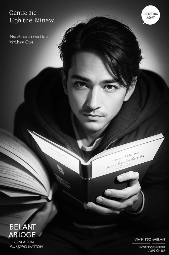 Genius man, light on the face, book cover, black andwhite
