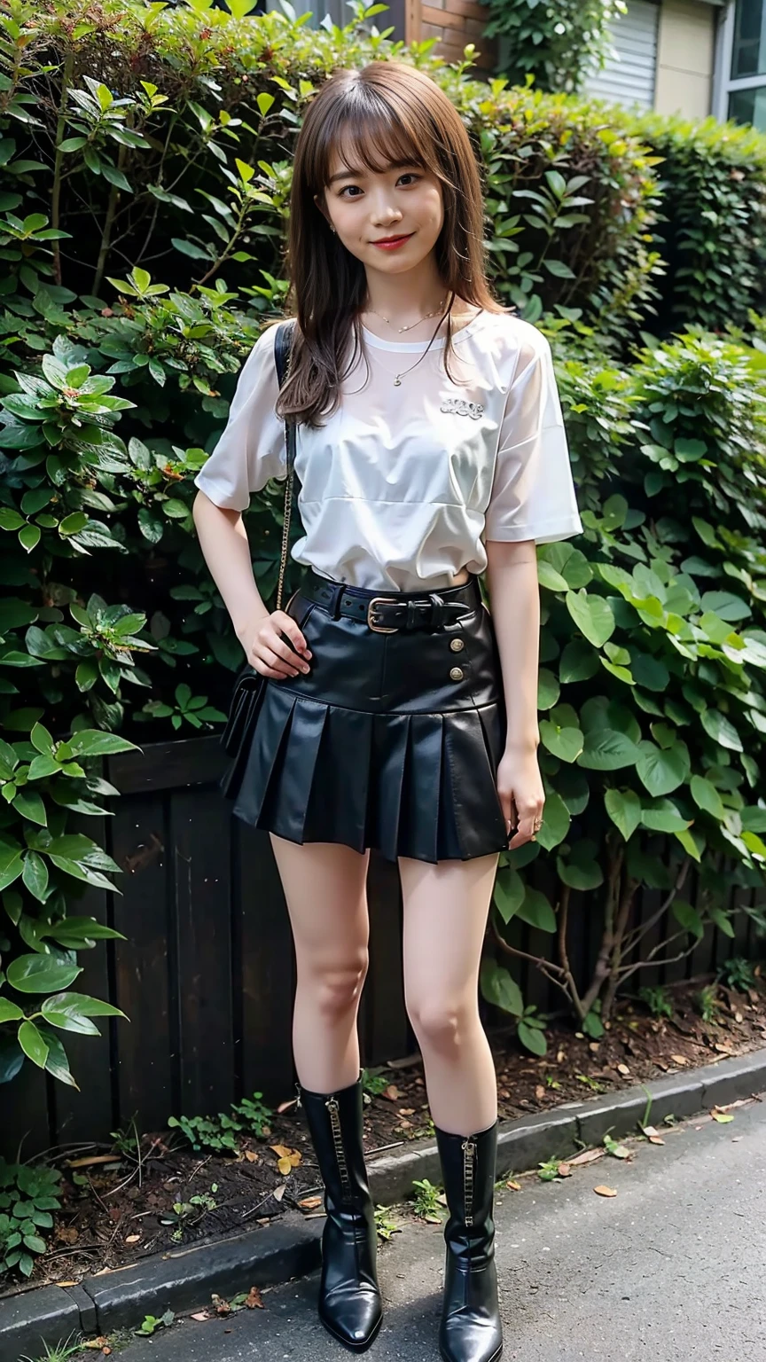 (8K、RAW Photos、Highest quality、masterpiece:1.2)、(Realistic、Realistic)、1 Girl、((Frills、See-through、black and white mini skirt、Thin legs、whole body、boots、garden、View from the front、Looking into the camera、belt、Stand with hands on hips))、cute