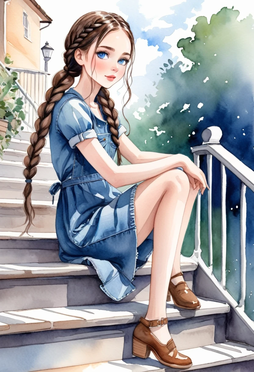watercolor drawing, a beautiful  with brown hair and blue eyes, She wears denim dress, she wears braids in her hair, she is sitting on a stair railing, she seems to be having fun