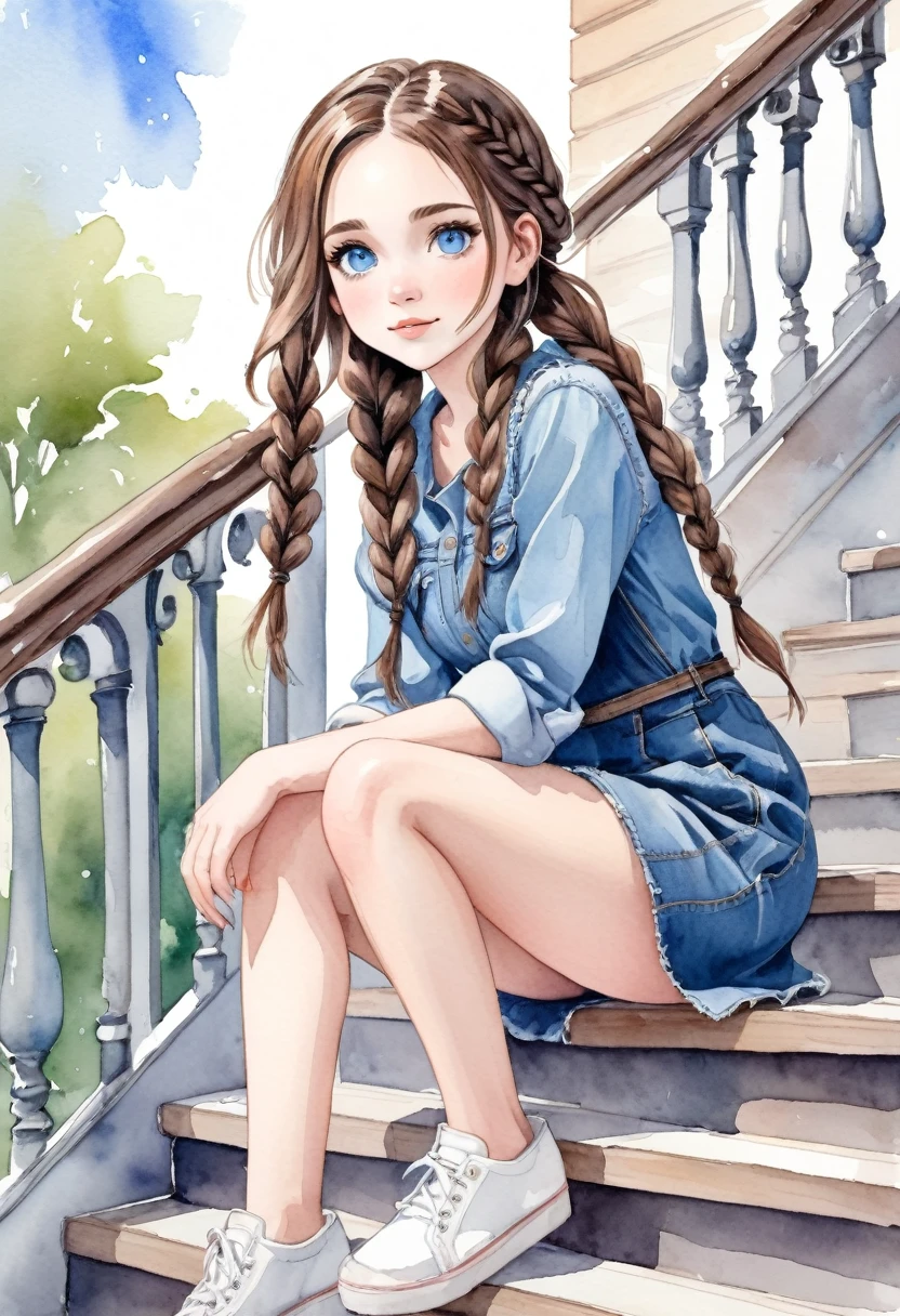 watercolor drawing, a beautiful  with brown hair and blue eyes, She wears denim dress, she wears braids in her hair, she is sitting on a stair railing, she seems to be having fun