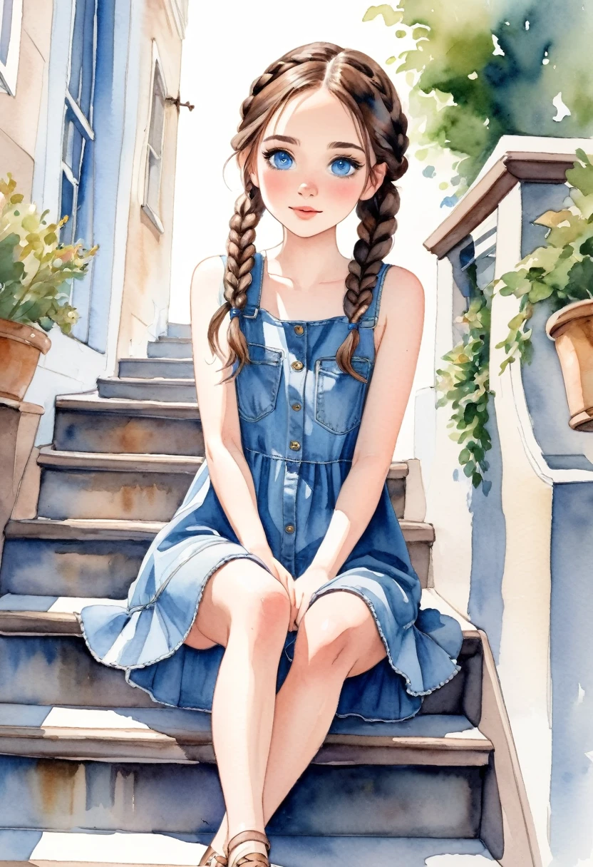 watercolor drawing, a beautiful with brown hair and blue eyes, She wears denim dress, she wears braids in her hair, she is sitting on a stair railing, she seems to be having fun