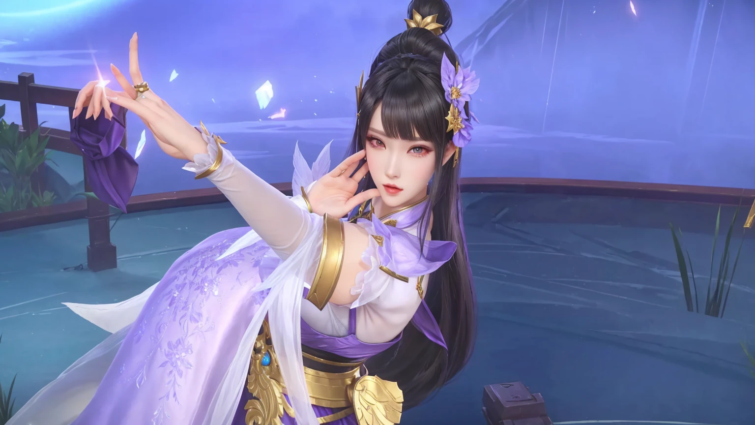 there is woman with purple dress in character game in mobile legends kagura, realis